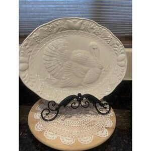 Ceramic Turkey Serving Platter Embossed White Ceramic